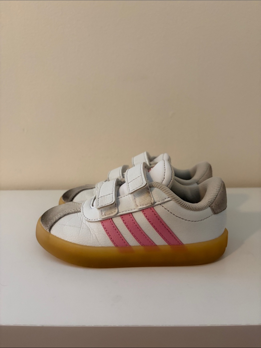 Adidas White Toddler Sneakers with Pink Stripes and Gum-Effect Sole